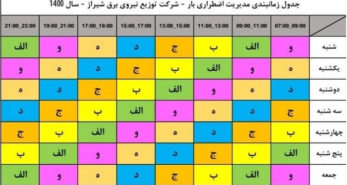 جدول زمان بندی قطعی برق شیراز